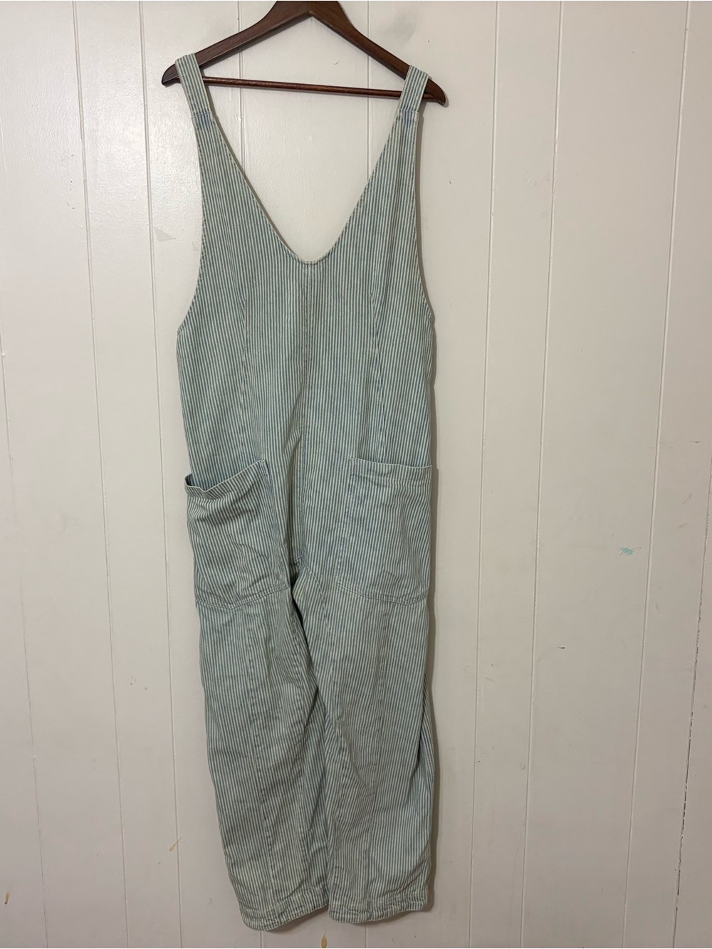 We The Free High Roller Railroad Stripe Overalls Blue Ivory Size S - Picture 2 of 12